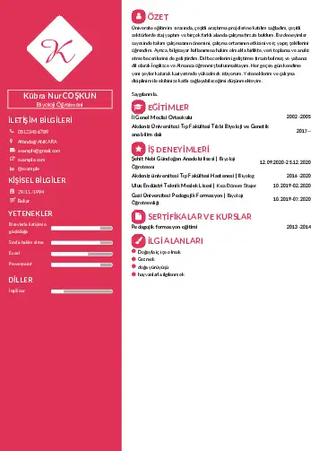 Biyoloji Öğretmeni CV Örnekleri cv indir